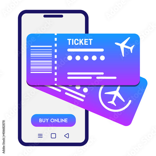 Buying tickets online concept. Vector illustration. White smartphone and 2 flight tickets
