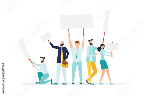 People holding signs on protest demostration or picket. Youth crowd against violence, pollution, discrimination, human rights violation - Vector illustration