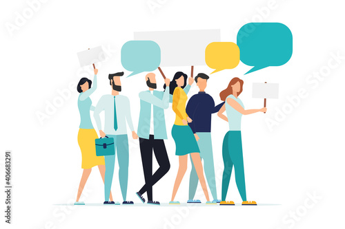 People holding signs on protest demostration or picket. Youth crowd against violence, pollution, discrimination, human rights violation - Vector illustration