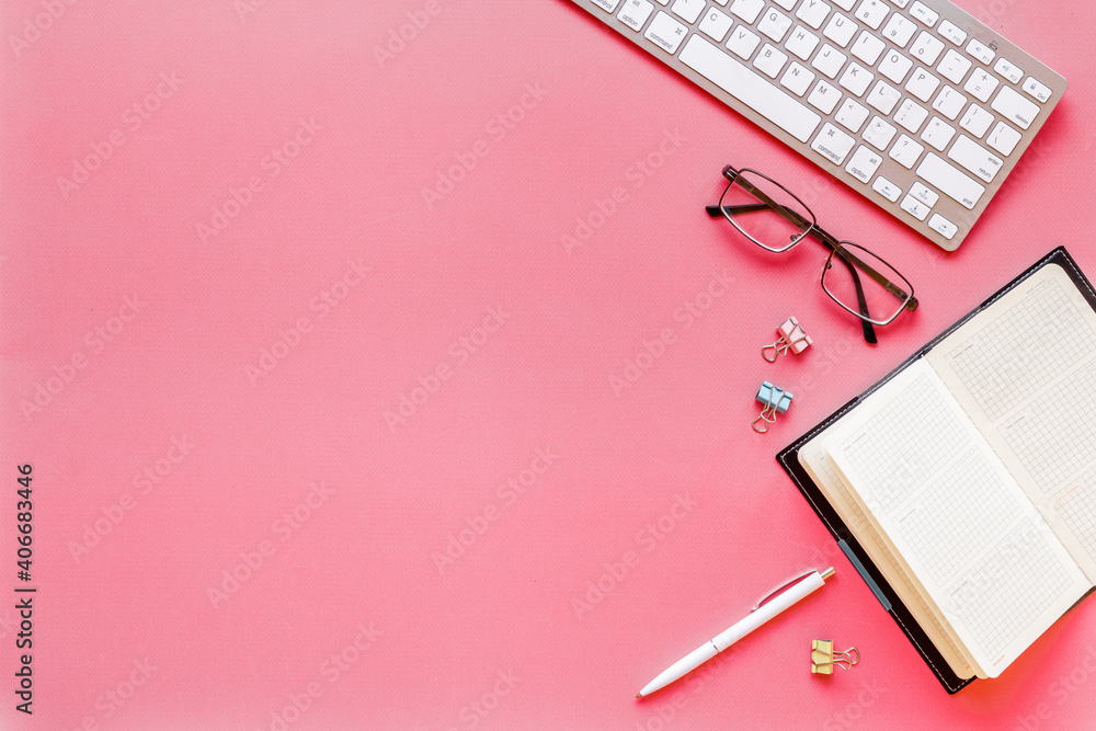 Office workplace flat lay with keyboard wand notebook Office workplace flat lay with keyboard wand notebook