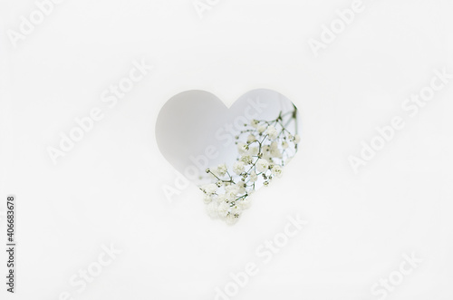 paper cut greeting card with valentine's day. a white heart is cut out of paper with Gypsophila flowers on a white background. gentle postcard to the day of the wedding