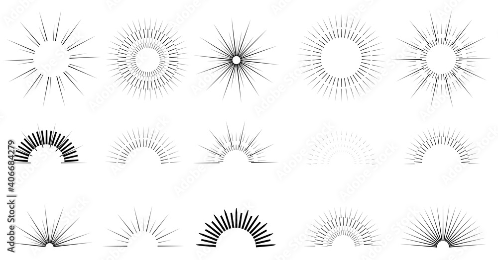 Sunbeams line set. Sun flashes, black round and semicircular icons. Explosion sparks, pattern. Glow effect.Decorative objects of linear contour. Vector illustration Sunbeams line set. Sun flashes, black round and semicircular icons. Explosion sparks, pattern. Glow effect.Decorative objects of linear contour. Vector illustration