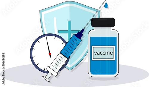 Time of vaccination. Banner template. Virus vaccine, health care. Injection, disease prevention. Virus and bacteria protection concept. Flat design vector illustration isolated on white background.
