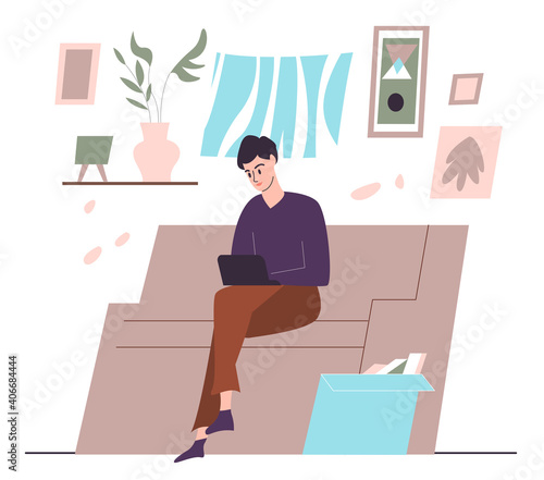 Female with laptop sitting on the sofa at home interior. Flat design illustration. Vector