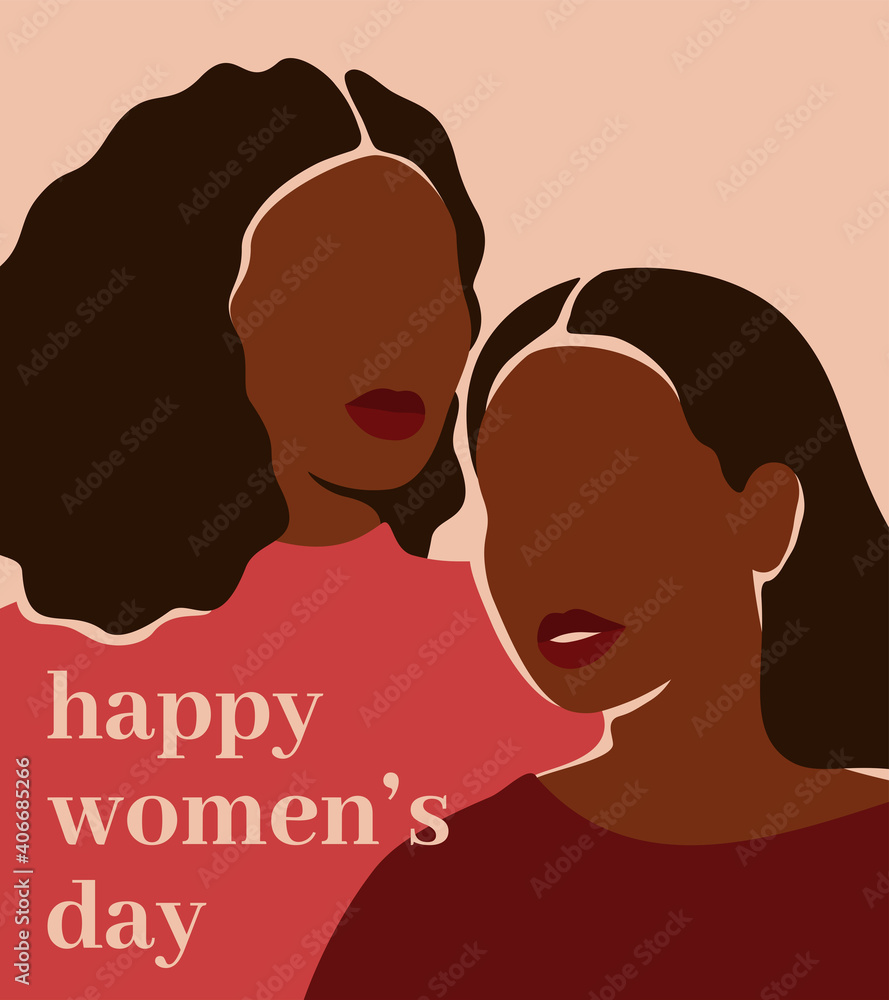 International Women's day vertical card with Two black women supporting each other. African American girls stand side by side. Sisterhood and female friendship. Vector illustration