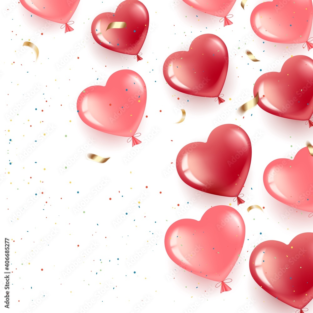 Happy Valentine s Day. Gel balloons-hearts red and pink. Banner with place for text. Greeting card Happy Birthday, International Women s Day. Isolated with white background. Vector