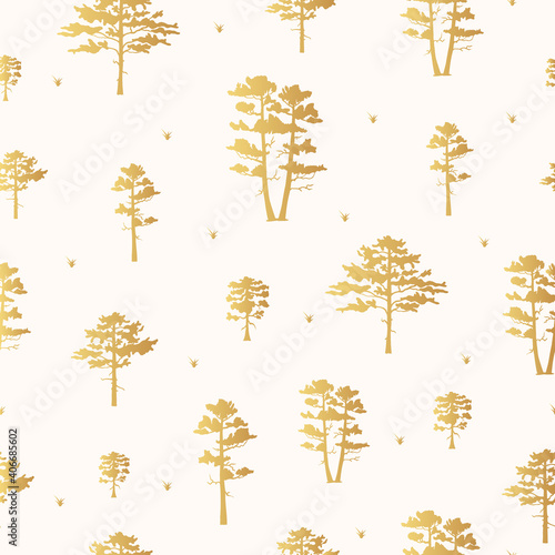 Golden seamless pattern with pine and oak trees silhouettes. Vector isoleted gold forest background. Hand drawn foliage texture for fabric.