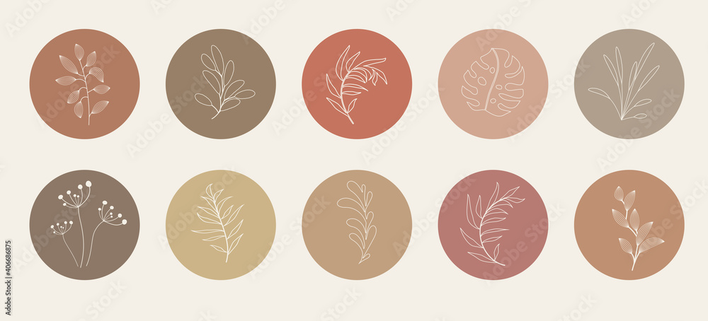 Vector abstract organic story highlight cover templates isolated on white background. Botanical illustration in neutral earth tone colors. Hipster design elements set Vector abstract organic story highlight cover templates isolated on white background. Botanical illustration in neutral earth tone colors. Hipster design elements set