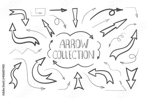 Arrows icons doodle. Collection of hand drawn arrows. Handmade sketch. Arrows icons set. Hand drawn pointers. Vector illustration