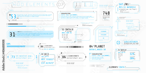 A set of HUD text elements for a futuristic interface.