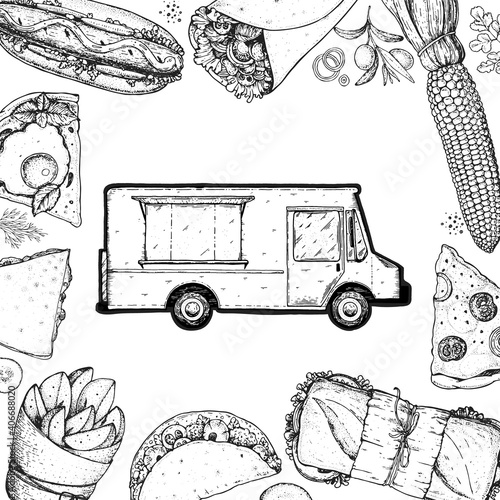 Food truck sketch vector illustration. Fast food design template. Street food concept. Engraved style.