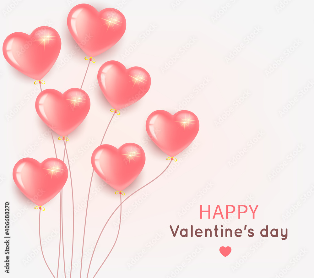 Greeting card banner for Valentine s Day and International Women s Day. Bundle of pink heart-shaped balloons flying. On a light background. Vector illustration.