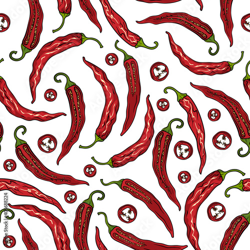 Chili pepper. Hot Chili pepper. Seamless pattern. Mexican jalapeno Chili. Pieces of pepper. Pepper seeds. Vector illustration.