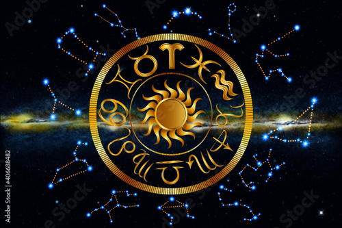 12 Constellations and 12 horoscope signs chart on galactic background. Horocope calendar. Vector illustration.