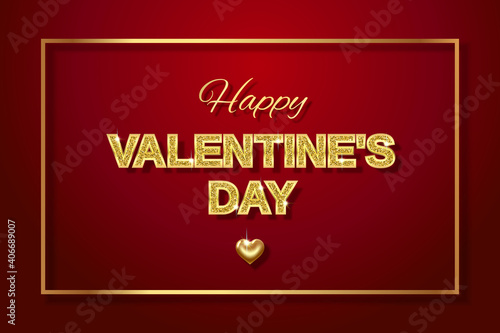 Happy Valentine s day. Gold letters with sparkling glitter and a gold heart - a sign of love. 3d realistic illustration. On a dark red background. Vector illustration.