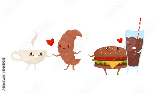 Kawaii Food Pairs in Love with Coke and Hamburger Hugging Vector Set