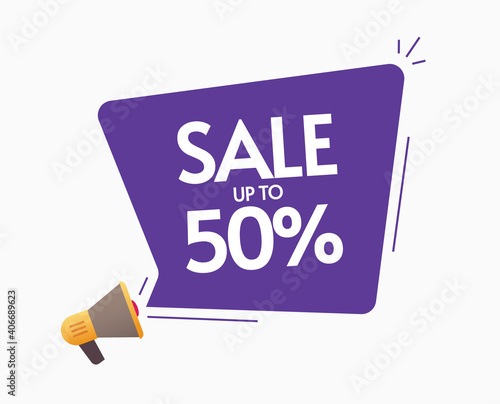 Promotion sale sticker vector, 50 percent discount off offer, up to 50 percentage label icon for megaphone announcement