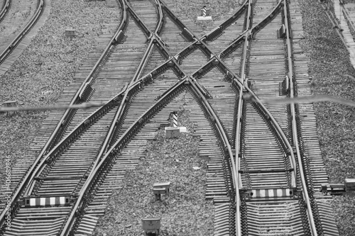 Railway. Rails. Sleepers. Industrial background.