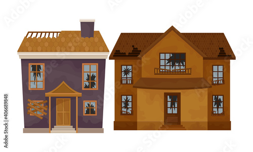 Abandoned Houses and Two-storeyed Buildings with Boarded up Windows and Ruined Roof Vector Set