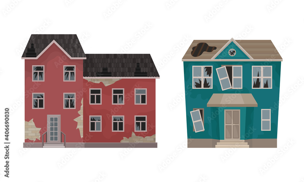 Abandoned Houses and Two-storeyed Buildings with Broken Windows and Ruined Roof Vector Set