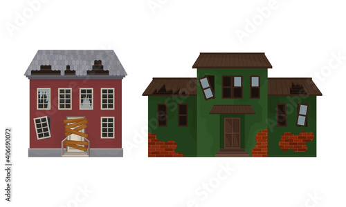 Deserted Ruined Houses and Two-storeyed Buildings with Boarded up Window and Broken Roof Vector Set