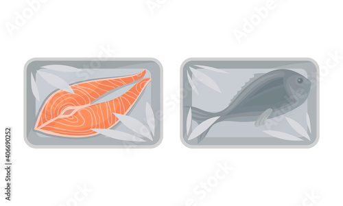 Salmon Steak and Fish in Plastic Serving Tray Vector Set