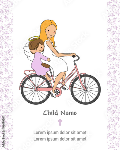 First communion card. Girl carrying an angel on the bicycle