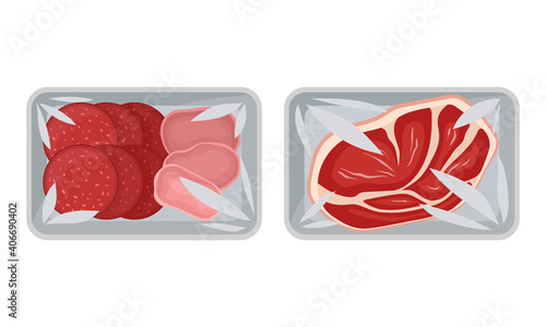 Sliced Wurst and Beef Slab in Plastic Serving Tray Vector Set