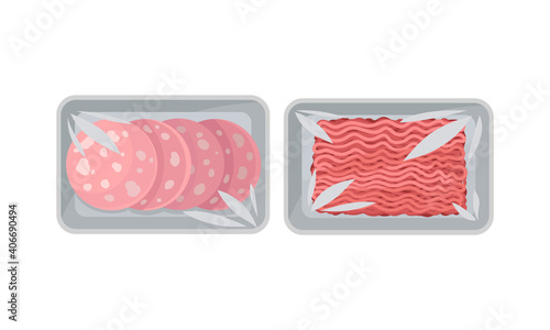 Sliced Wurst and Raw Forcemeat in Plastic Serving Tray Vector Set