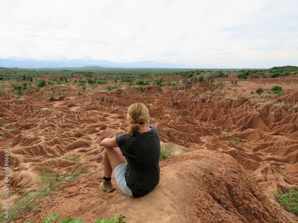 View on the red dry landscape of Desierto Tatacoa in the south of Colombia