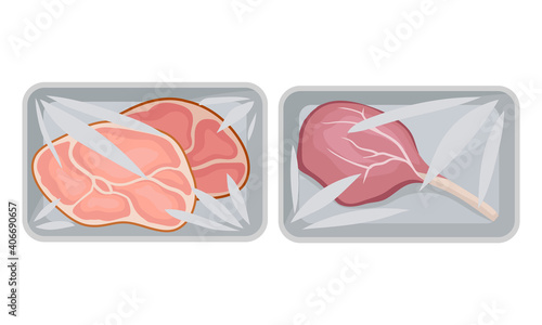 Pork Tenderloin and Beef Rib in Plastic Serving Tray Vector Set