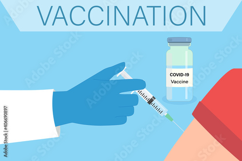A doctor's hand with a syringe while vaccinating a patient against COVID-19. Ampoule and syringe with medicine. The concept of vaccination. Vector illustration in flat style