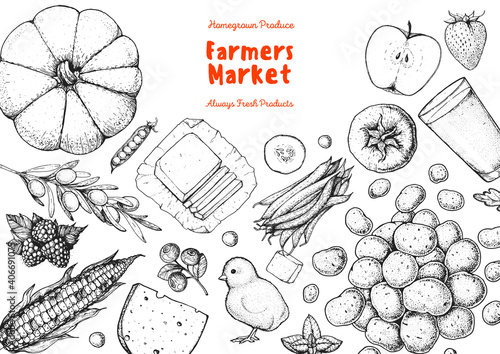 Fototapeta Naklejka Na Ścianę i Meble -  Organic food illustration. Farmers market design elements. Hand drawn sketch. Various food frame. Good food store concept.