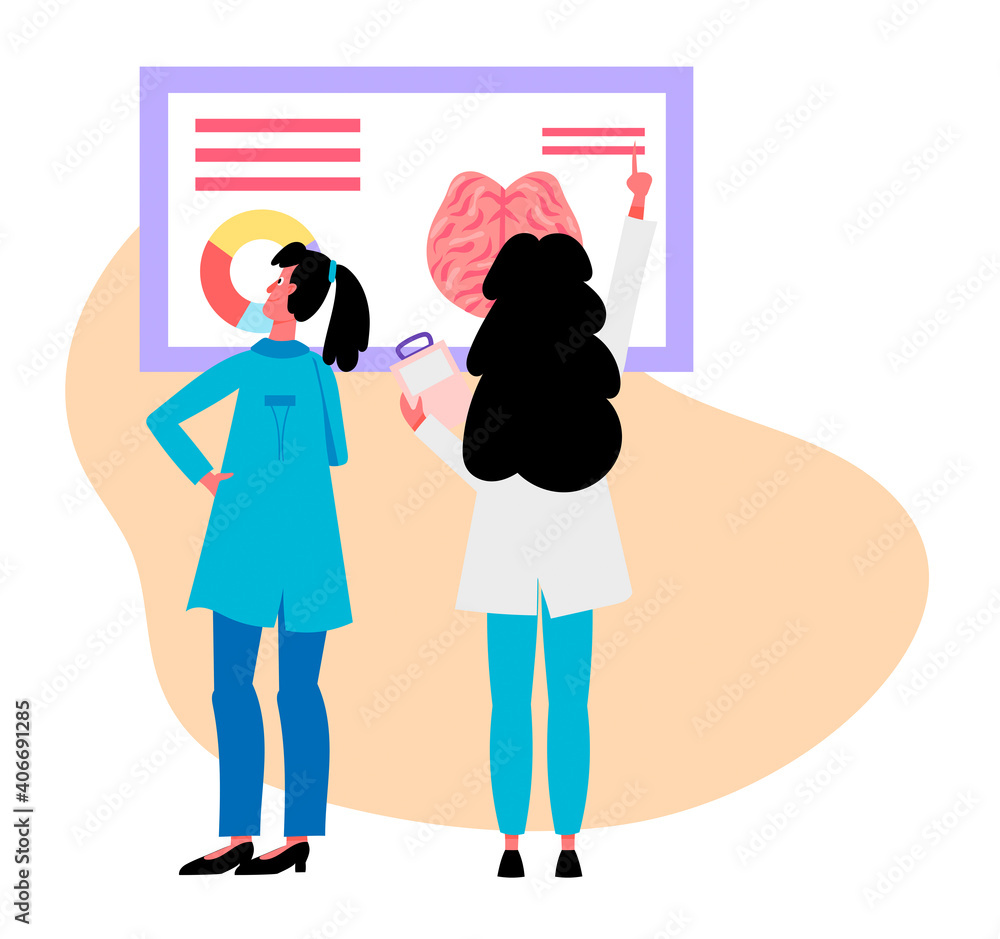 Two medical students examine a board with charts. Flat design illustration. Vector