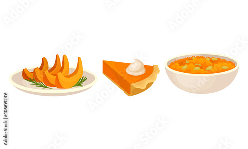 Pumpkin Foodstuff with Porridge in Bowl and Piece of Pie Vector Set