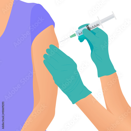 Doctor's hand with a syringe, making vaccination of the patient. Ampoule and syringe with medicine. The concept of vaccination. Healthcare, hospital and medical diagnostics. Vector illustration