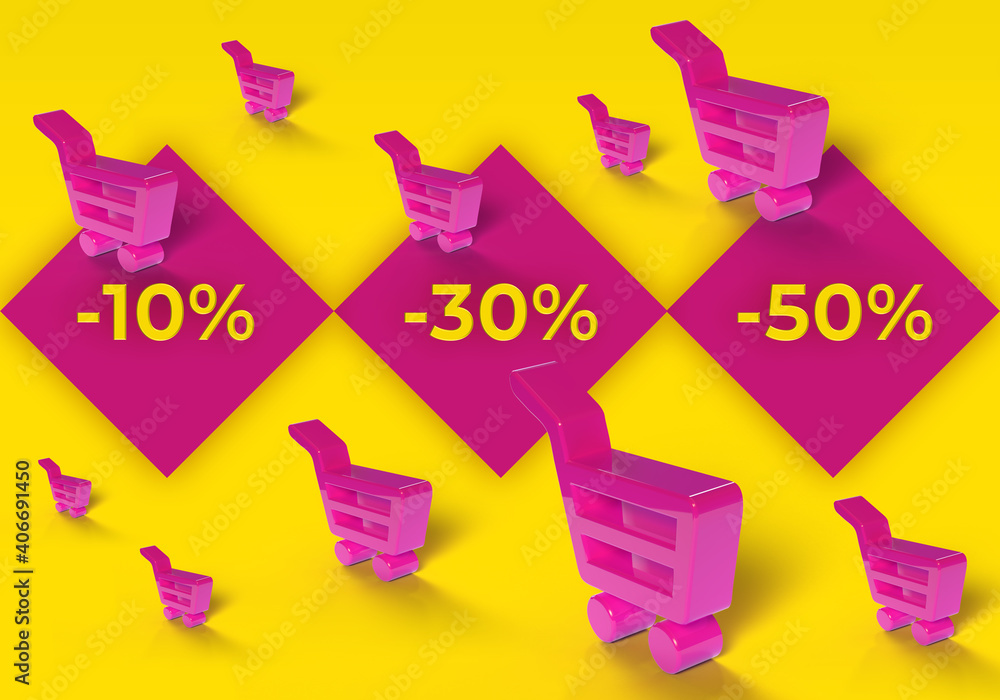 Pink or purple shopping carts on a square banner with a yellow percentages background. Pink or purple shopping carts on a square banner with a yellow percentages background.