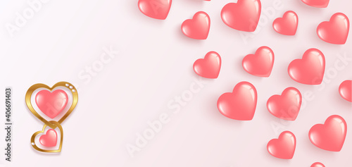 Happy Valentines Day. Flying gel pink balloons. Horizontal banner with place for text. For happy birthday, International Women s Day. Vector illustration