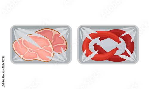 Sliced Wurst and Beef Slab in Plastic Serving Tray Vector Set