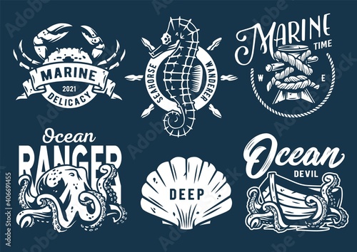 Marine print set with seahorse and boat. Octopus, helm and crab. Monochrome t-shirt nautical apparel design