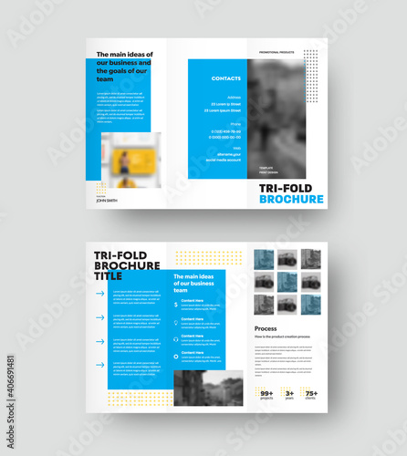 Vector brochure template with geometric blue design, trifold presentation on white background.