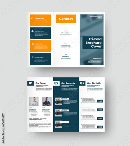 Vector trifold template, brochure cover with realistic shadows on white background.
