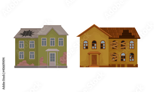 Deserted Ruined Houses and Two-storeyed Buildings with Boarded up Window and Broken Roof Vector Set