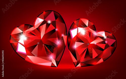 Set Rubin in the shape of a heart. Red gemstone, decor for Valentine s Day, International Women s Day. Red background. 3d realistic vector illustration.
