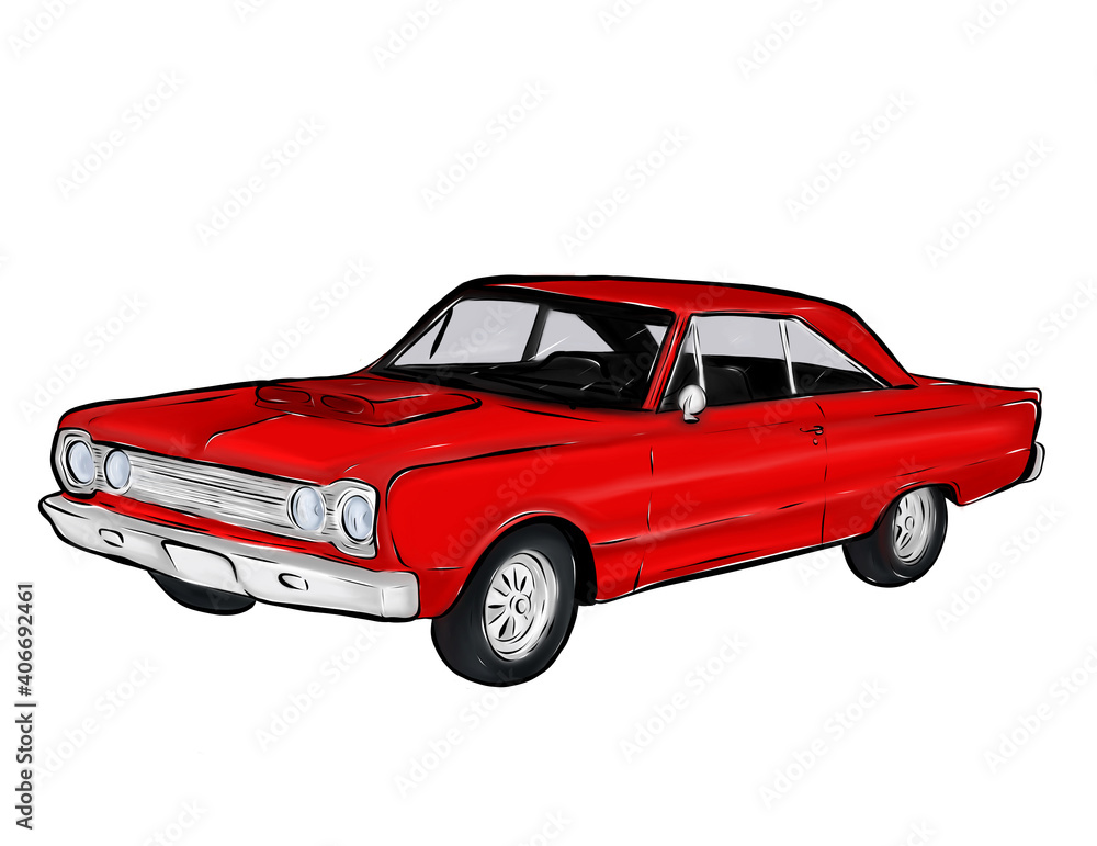 Cartoon red car Classic historic american muscle