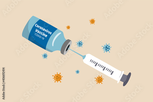 Coronavirus COVID-19 vaccine, immunity system to protect from virus infection concept, medical syringe with needle with COVID-19 vaccine bottle and Coronavirus pathogens around.