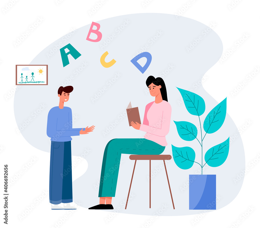 Mother with son learning abc on home schooling. Flat design illustration. Vector