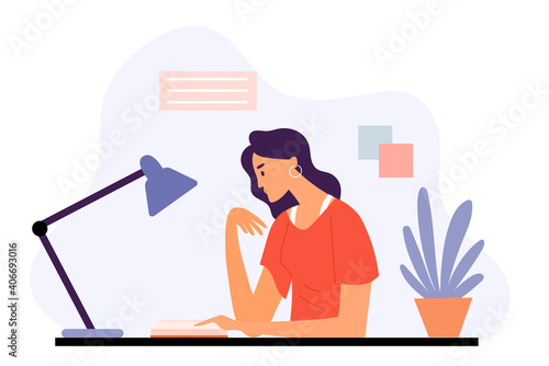 Female reading book at home interior. Flat design illustration. Vector