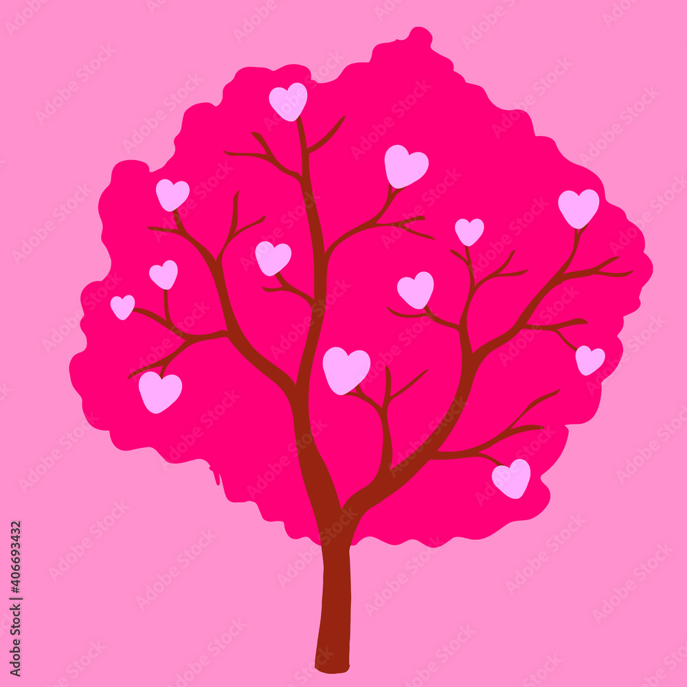 Vector abstract pink tree with hearts on pink background