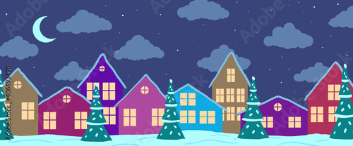 Vector cartoon abstract city with colorful houses in winter at night © evgenii141